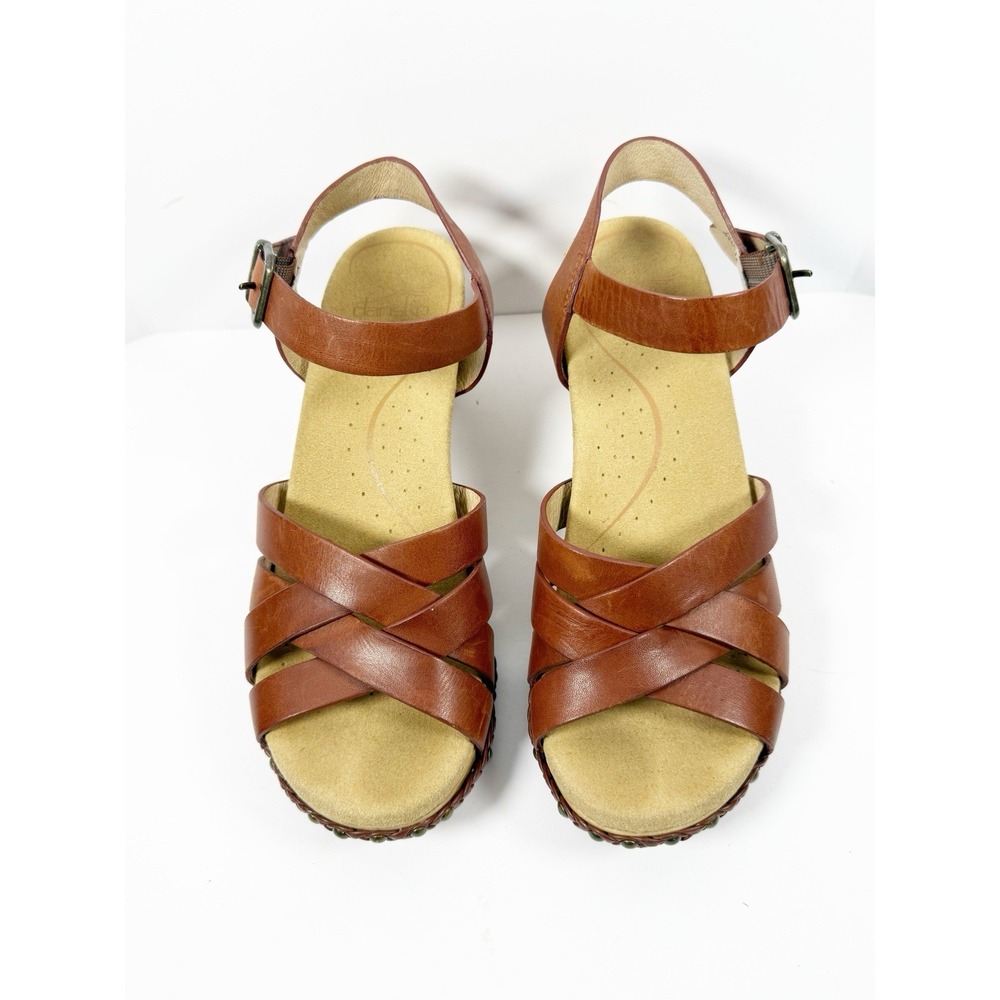 Dansko Strappy Leather Sandals Wood Wedge Heel Ankle Buckle Brown Comfort 37/7 - Picture 2 of 16